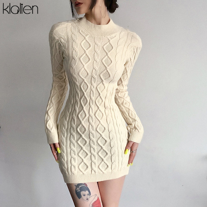 Vestido Bodycon Gola Alta Manga Comprida