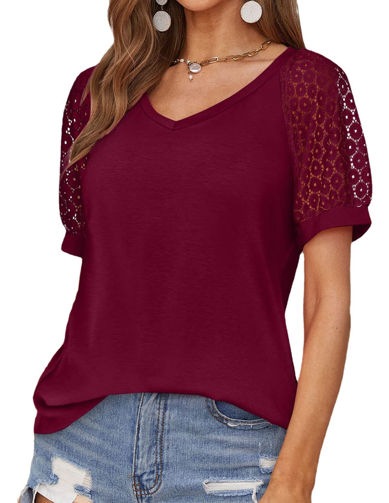 Camiseta Casual com Costura de Renda com Decote em V