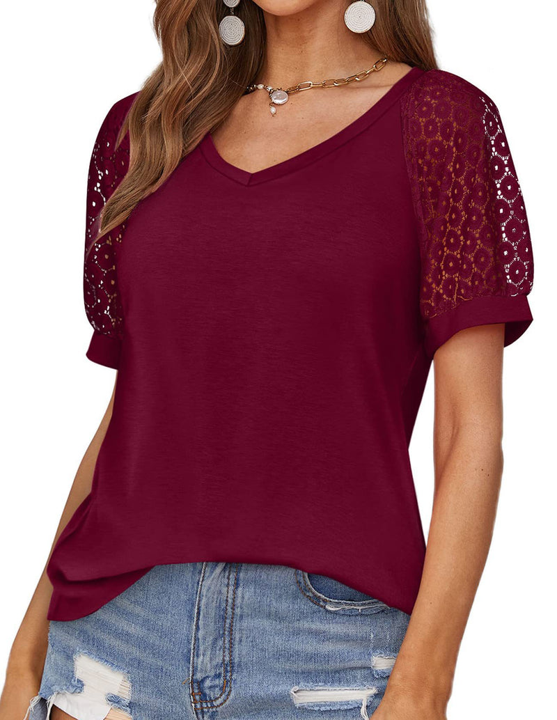 Camiseta Casual com Costura de Renda com Decote em V