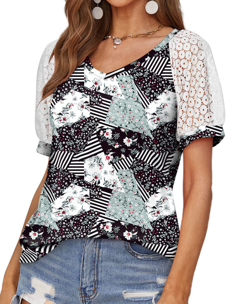 Camiseta Casual com Costura de Renda com Decote em V